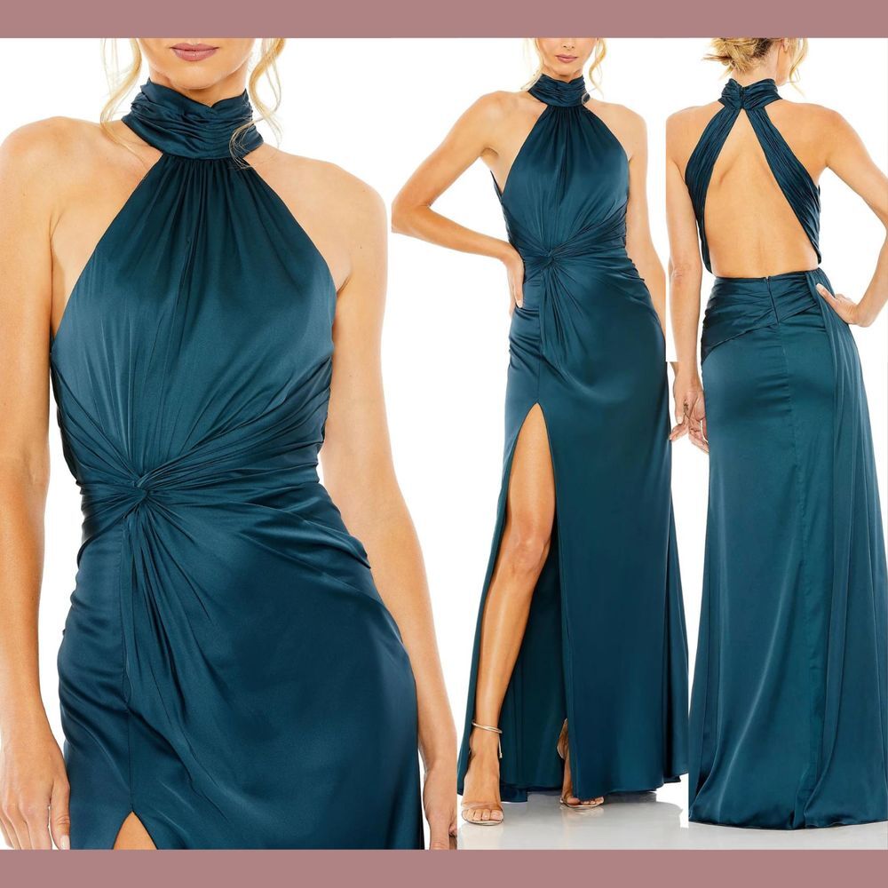 NWT $398 IEENA Mac Duggal [ 10 ] Open Back High Neck Side Ruched Gown Ocean Blue